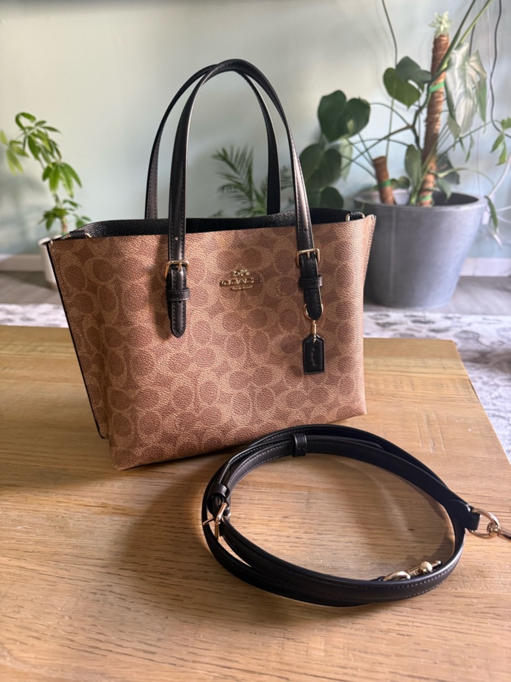 Coach Tan Signature Mini Tote with Black Leather Handles